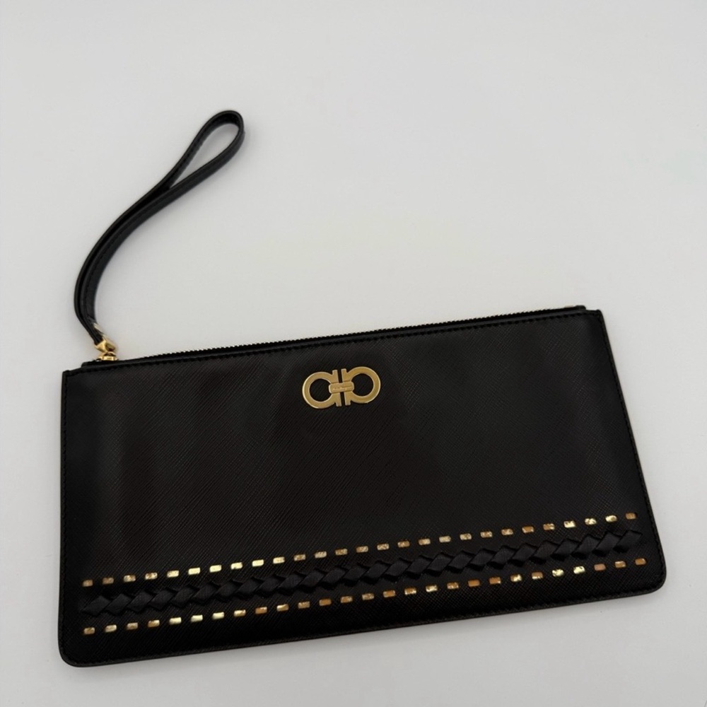 Salvatore Ferragamo Black Leather Wristlet Clutch